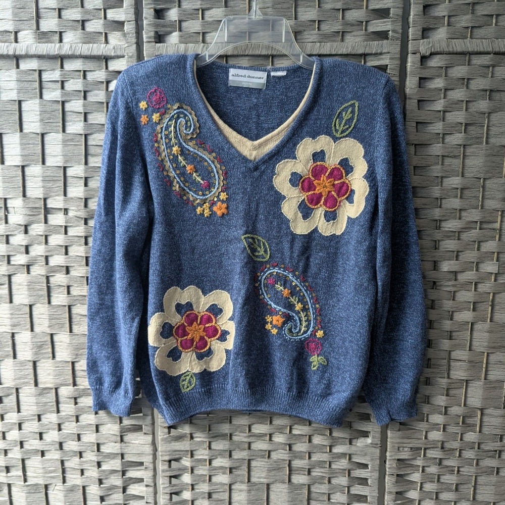 Vtg Sweater Blue Embroidered Floral Paisley Sequin V-Neck Layered Look Est MP